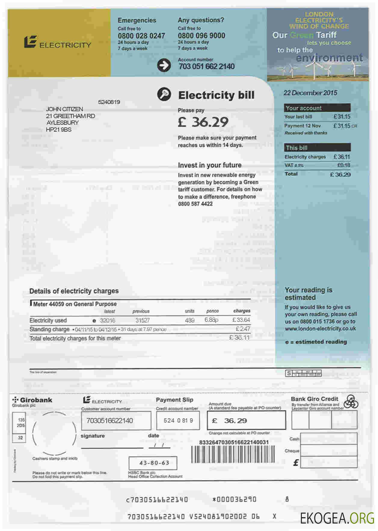 United Kingdom electricity utility bill template in PSD format
